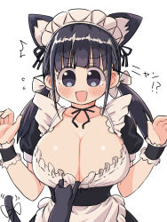 Rule 34 | 1girl, animal ears, apron, black eyes, black hair, bow, breasts, cat ears, cat girl, cat tail, choker, cleavage, clothes pull, commentary request, dress, dress pull, frilled dress, frills, hair bow, highres, kemonomimi mode, large breasts, maid (naitou kouse), naitou kouse, open mouth, original, puffy short sleeves, puffy sleeves, ribbon, short sleeves, smile, solo, tail, tail ornament, tail ribbon, translation request, twintails, underbust, waist apron, wrist cuffs