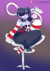 Rule 34 | 1girl, absurdres, blue hair, blue skin, colored skin, hair over one eye, heart, highres, looking at viewer, no shoes, onigiri punch, red eyes, side ponytail, skullgirls, smile, socks, solo, speech bubble, spoken heart, squigly (skullgirls), stitched mouth, stitches, striped clothes, striped sleeves, striped socks, zombie