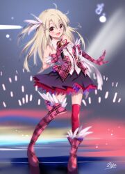Rule 34 | 1girl, asymmetrical footwear, asymmetrical gloves, black skirt, blonde hair, blush, boots, breasts, fate/kaleid liner prisma illya, fate (series), feather hair ornament, feathers, full body, gloves, hair between eyes, hair ornament, highres, illyasviel von einzbern, illyasviel von einzbern (prisma klangfest), long hair, looking at viewer, microphone, neck ribbon, one side up, open mouth, pei iriya, pink footwear, pink gloves, pink thighhighs, pink vest, plaid, red eyes, ribbon, sidelocks, skirt, small breasts, smile, solo, thighhighs, vest