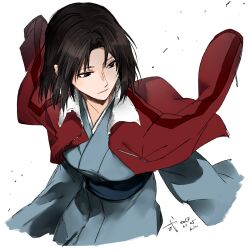 Rule 34 | 1girl, blue kimono, brown eyes, brown hair, commentary request, cropped legs, expressionless, highres, jacket, japanese clothes, kara no kyoukai, kimono, long sleeves, looking to the side, obi, red jacket, ribbon, ryougi shiki, sash, short hair, signature, simple background, sofy, solo, white background