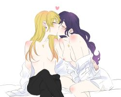 Rule 34 | alternate costume, arm around waist, ayase eli, black legwear, blonde hair, blouse, blush, breasts, cross, cross necklace, crossed legs, dress shirt, e len, earrings, closed eyes, hair censor, hair down, heart, highres, jewelry, kiss, love live!, love live! school idol project, medium breasts, necklace, nipples, panties, partially undressed, purple hair, shirt, sketch, sleeves past wrists, tojo nozomi, underwear, white background, white shirt, wife and wife, yuri