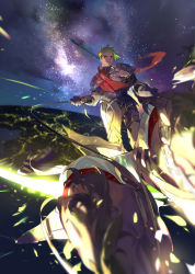 Rule 34 | 1boy, achilles (fate), armor, chariot, fate/apocrypha, fate/grand order, fate (series), flying, glowing, gradient hair, green hair, highres, holding, horse, leg armor, light, light particles, looking at viewer, male focus, manly, multicolored hair, natsuko (summer 525528), night, night sky, orange scarf, polearm, scarf, short sleeves, sky, smile, solo, star (sky), starry sky, upper body, weapon, yellow eyes