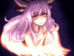 Rule 34 | 1girl, aura, black background, bow, breasts, collarbone, colored eyelashes, expressionless, eyebrows, fire, fujiwara no mokou, hair bow, holding own arm, looking at viewer, miata (miata8674), nude, purple hair, red eyes, regeneration, simple background, sketch, small breasts, solo, touhou