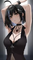 Rule 34 | 1girl, absurdres, ahoge, arm behind head, arm up, armpits, black shirt, blurry, blurry background, bracelet, breasts, brown eyes, cleavage, commentary, english commentary, highres, irene (kanniiepan), jewelry, kanniiepan, looking at viewer, medium breasts, mole, mole on breast, mole under eye, necklace, original, shirt, short hair, sleeveless, sleeveless shirt, solo, spiked bracelet, spikes, upper body