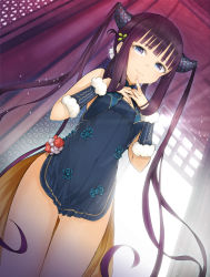 Rule 34 | 1girl, bare shoulders, blue dress, blue eyes, blush, breasts, brown hair, closed mouth, commentary request, day, dress, dutch angle, fate/grand order, fate (series), fur trim, hair ornament, hands up, long hair, nail polish, pink nails, sakasa (guranyto), sleeveless, sleeveless dress, small breasts, solo, standing, sunlight, twintails, very long hair, window, yang guifei (fate), yang guifei (second ascension) (fate)