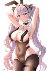 Rule 34 | 1girl, animal ears, arms behind head, azur lane, between breasts, black leotard, black pantyhose, breast curtains, breasts, cameltoe, cosplay, covered erect nipples, covered navel, crotchless, crotchless pantyhose, fake animal ears, fake tail, fang huu (funfox), formidable (azur lane), frills, gluteal fold, highres, large breasts, le malin (azur lane), le malin (azur lane) (cosplay), le malin (listless lapin) (azur lane), le malin (listless lapin) (azur lane) (cosplay), leotard, looking at viewer, neckwear between breasts, official alternate costume, pantyhose, playboy bunny, rabbit ears, rabbit tail, red eyes, simple background, solo, tail, thigh gap, thigh strap, twintails, white background, white neckwear