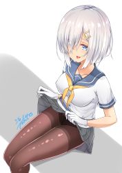 Rule 34 | 1girl, absurdres, black pantyhose, blue eyes, breasts, clothes lift, collarbone, colored eyelashes, commentary request, eyes visible through hair, gloves, grey skirt, hair ornament, hair over one eye, hairclip, hamakaze (kancolle), highres, impossible clothes, kantai collection, large breasts, lifted by self, pantyhose, pleated skirt, school uniform, serafuku, shiny clothes, short hair, signature, silver hair, sitting, skirt, skirt lift, thighband pantyhose, thighs, tokito yu, tongue, tongue out, white gloves, yellow neckwear