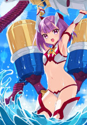 Rule 34 | 1girl, armpits, arms up, artist request, bare shoulders, bikini, blue sky, blush, breasts, detached sleeves, fate/grand order, fate (series), hair ornament, helena blavatsky (fate), helena blavatsky (swimsuit archer) (fate), helena blavatsky (swimsuit archer) (second ascension) (fate), highres, looking at viewer, military, military vehicle, motor vehicle, navel, ocean, open mouth, purple eyes, purple hair, red bikini, short hair, sky, small breasts, smile, swimsuit, tank, thighhighs, thighs, two-tone bikini, wading, water, water gun, wet, white bikini