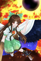 Rule 34 | 1girl, absurdres, ahoge, arm cannon, atom, bird wings, black socks, black sun, black wings, blush, bow, breasts, brown footwear, brown hair, buttons, cape, collared shirt, commentary, control rod, fire, frilled shirt collar, frilled skirt, frills, full body, green bow, green skirt, grin, hair bow, highres, long hair, looking at viewer, medium breasts, pointing, pointing up, potesayolover, print cape, red eyes, reiuji utsuho, shirt, shoes, short sleeves, skirt, smile, socks, solo, starry sky print, sun, third eye, touhou, v-shaped eyebrows, weapon, white cape, white shirt, wings