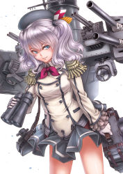 Rule 34 | 10s, 1girl, anchor symbol, arm at side, armor, bad id, bad pixiv id, belt, beret, binoculars, blue eyes, blush, buttons, cannon, closed mouth, collared shirt, cowboy shot, double-breasted, epaulettes, eyebrows, formal, frilled sleeves, frills, gloves, hair tie, hat, highres, holding, kantai collection, kashima (kancolle), kosai takayuki, legs apart, long hair, long sleeves, looking at viewer, military, military uniform, miniskirt, pleated skirt, searchlight, shirt, silver hair, simple background, skirt, smile, solo, striped, suit, turret, twintails, uniform, upskirt, white background, white gloves
