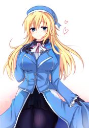 Rule 34 | 10s, 1girl, atago (kancolle), black gloves, black pantyhose, blonde hair, blue eyes, blush, breasts, gloves, hand on own chest, hat, heart, jacket, kantai collection, kuze matsuri, large breasts, long hair, military, military jacket, military uniform, pantyhose, personification, skirt, smile, solo, uniform