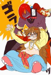Rule 34 | 1boy, 1girl, angry, ashwatthama (fate), belly, black-framed eyewear, bow, brown eyes, brown hair, cheek pull, colored sclera, fate/grand order, fate (series), ganesha (fate), gauntlets, glasses, gloves, hair bow, highres, indian clothes, jewelry, jinako carigiri, long hair, midriff, navel, nintendo switch, nipples, orange eyes, plump, red gloves, red hair, red sclera, rwd bow, topless male, sitting, very long hair, yellow eyes