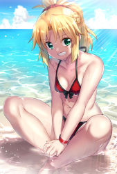 Rule 34 | 1girl, bad id, bad pixiv id, bikini, braid, breasts, cleavage, day, fate (series), halterneck, highres, ichiren namiro, mordred (fate), mordred (fate/apocrypha), mordred (swimsuit rider) (first ascension) (fate), outdoors, red bikini, sitting, string bikini, swimsuit, tagme