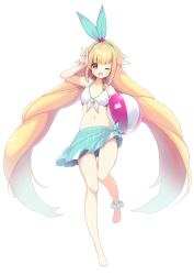 Rule 34 | aqua hairband, aqua skirt, ball, bare shoulders, barefoot, beachball, bikini, bikini skirt, bikini top only, blonde hair, blunt bangs, blush, collarbone, front-tie top, full body, ginga alice, ginga alice no chikyuu shinryaku ch., hairband, highres, holding, holding ball, holding beachball, long hair, navel, official art, one eye closed, open mouth, p19, red eyes, scrunchie, simple background, skirt, smile, solo, standing, standing on one leg, swimsuit, v, very long hair, virtual youtuber, white background, white bikini