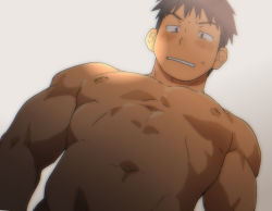 Rule 34 | 1boy, abs, bad id, bad pixiv id, bara, black hair, blush, grey background, grey eyes, large pectorals, looking at viewer, male focus, muscular, navel, nipples, original, pectorals, sagami jon, short hair, simple background, solo, sunlight, topless male, upper body