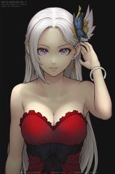 Rule 34 | 1girl, adjusting hair, alternate costume, arm at side, bare shoulders, black background, bracelet, breasts, cleavage, dress, earrings, edelgard von hresvelg, fire emblem, fire emblem: three houses, gofelem, grin, hair ornament, hand up, jewelry, large breasts, lips, long hair, looking at viewer, naughty face, nintendo, parted bangs, parted lips, purple eyes, red dress, silver hair, simple background, smile, solo, strapless, strapless dress, upper body