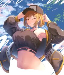 Rule 34 | 1girl, absurdres, anis (nikke), armpits, bare shoulders, baseball cap, black hat, black jacket, black shirt, blue sky, breasts, brown hair, casual, crop top, cropped shirt, cropped torso, goddess of victory: nikke, grin, hat, highres, jacket, large breasts, light blush, looking at viewer, multicolored clothes, multicolored jacket, navel, oimo imoya, one eye closed, open clothes, open jacket, shirt, short hair, sky, smile, solo, yellow eyes, yellow jacket