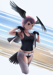 Rule 34 | 1girl, arm up, armband, armpits, bare arms, bare shoulders, beleven, belt, bird girl, bird tail, bird wings, black camisole, black hair, blonde hair, breasts, camisole, chaps, cleavage, closed mouth, cropped legs, cutoffs, dressing, expressionless, fur trim, hand up, head wings, highres, kemono friends, lappet-faced vulture (kemono friends), lips, looking at viewer, medium breasts, micro shorts, midriff, multicolored hair, open clothes, open vest, paid reward available, pink hair, resolution mismatch, short hair, shorts, solo, source smaller, stomach, tail, vest, walking, wings