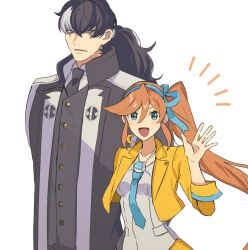 Rule 34 | 1boy, 1girl, :d, ace attorney, athena cykes, black coat, black hair, black jacket, black necktie, blue eyes, blue necktie, blue ribbon, coat, collared shirt, crescent, crescent earrings, cropped jacket, earrings, gumi (gelatin), hair between eyes, hair ribbon, jacket, jewelry, long hair, looking at viewer, multicolored hair, necklace, necktie, open mouth, orange hair, ponytail, ribbon, shirt, side ponytail, simon blackquill, single earring, smile, two-tone hair, upper body, waving, white background, white hair, white shirt, yellow jacket