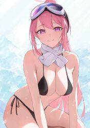 Rule 34 | 1girl, absurdres, bare arms, bare legs, bare shoulders, bikini, black bikini, blue archive, breasts, cleavage, closed mouth, eimi (blue archive), eimi (swimsuit) (blue archive), goggles, goggles on head, halo, highres, large breasts, long hair, looking at viewer, pink eyes, pink hair, pink halo, ponytail, randouworks, scarf, side-tie bikini bottom, smile, solo, swimsuit, very long hair, white scarf
