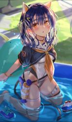 Rule 34 | 1girl, animal ears, blue hair, blush, cat ears, fake animal ears, highres, jewelry, kneeling, leotard, looking at viewer, michairu, necklace, open mouth, orange eyes, original, outdoors, partially submerged, pool, sailor collar, shirt, solo, swimsuit, swimsuit under clothes, thigh strap, toy, toy boat, water, water gun