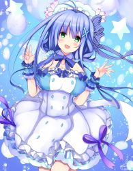 Rule 34 | 1girl, :d, ahoge, blue background, blue bow, blue hair, blue theme, bow, bowtie, cowboy shot, detached collar, dress, dress bow, flower, flower knight girl, frills, green eyes, hair bow, hair flower, hair ornament, hair scrunchie, hairband, highres, long hair, looking at viewer, open mouth, purple bow, scrunchie, shabonsou (flower knight girl), short hair, smile, solo, standing, star (symbol), striped, striped bow, suzume (simple0091), twintails, white dress, wrist cuffs, x hair ornament