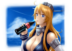 Rule 34 | 10s, 1girl, :o, ahoge, bad id, bad pixiv id, bare shoulders, beach, blonde hair, blue eyes, blue sky, bottle, brand name imitation, breasts, cleavage, cloud, cloudy sky, coca-cola, cola, day, detached sleeves, drink, female focus, headgear, holding, holding bottle, iowa (kancolle), kantai collection, large breasts, lips, long hair, looking at viewer, neck, ocean, sky, soda bottle, solo, star-shaped pupils, star (symbol), symbol-shaped pupils, upper body, yamagumo (yamakumo-job)