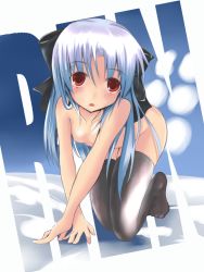 Rule 34 | 00s, 1girl, all fours, blue hair, bow, breasts, crawling, flat chest, hair bow, highres, len (tsukihime), maso (artist), nipples, nude, red eyes, solo, thighhighs, tsukihime