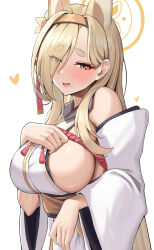 Rule 34 | 1girl, absurdres, animal ears, blonde hair, blue archive, blush, breasts, cleavage, fox ears, hair over one eye, hairband, halo, heart, highres, japanese clothes, kaho (blue archive), kimono, large breasts, long hair, looking at viewer, mole, mole under mouth, obi, onedoo, open mouth, revision, sash, sideboob, simple background, smile, solo, upper body, very long hair, white background, wide sleeves, yellow eyes, yellow hairband