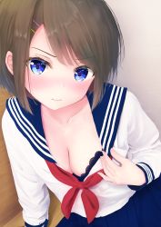 Rule 34 | 1girl, arm support, blue eyes, blue sailor collar, blue skirt, blush, bra, breasts, brown hair, cleavage, collarbone, commentary request, hair ornament, hairclip, highres, indoors, lace, lace-trimmed bra, lace trim, long sleeves, looking at viewer, neckerchief, original, pleated skirt, red neckerchief, sailor collar, school uniform, serafuku, short hair, skirt, small breasts, solo, underwear, wavy mouth, yuna rebun