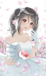 Rule 34 | 1girl, absurdres, artist name, artist request, bare shoulders, black hair, blush, bow, bracelet, breasts, cleavage, collarbone, dress, female focus, flat chest, food, fruit, gloves, hair between eyes, hair bow, hair ornament, hairclip, highres, holding, holding spoon, jewelry, long hair, looking at viewer, love live!, love live! school idol project, miniskirt, parted lips, pearl bracelet, petals, pink petals, plaid, plaid dress, plaid skirt, pleated, pleated dress, pleated skirt, red eyes, short hair, short twintails, skirt, small breasts, smile, solo, sparkle, spoon, strawberry, twintails, wedding dress, white background, white bow, white dress, white gloves, white skirt, x hair ornament, yazawa nico