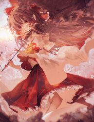 Rule 34 | 1girl, ascot, bare shoulders, bow, brown hair, detached sleeves, frilled skirt, frills, hair bow, hair tubes, hakurei reimu, highres, holding, japanese clothes, long hair, nontraditional miko, open mouth, red bow, red eyes, red footwear, red skirt, ribbon-trimmed sleeves, ribbon trim, shoes, sidelocks, skirt, solo, thighhighs, toho sweet, touhou, white sleeves, white thighhighs, wide sleeves, yellow ascot