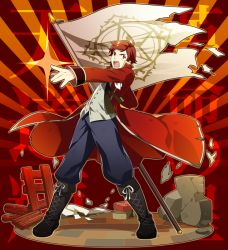 Rule 34 | 10s, 1boy, bad id, bad pixiv id, black footwear, boots, brown hair, character name, coat, cross-laced footwear, facial hair, flag, full body, goatee, idolmaster, idolmaster side-m, l (matador), male focus, open mouth, pants, pointing, red hair, short hair, solo, standing, tendo teru