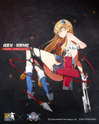 Rule 34 | 1girl, armpits, ass, bare shoulders, blazblue, blonde hair, blue footwear, blue skirt, blush, bolverk, boots, breasts, brown hair, character name, closed mouth, copyright name, crossover, from side, full body, girls&#039; frontline, gloves, green eyes, guest character, gun, hair between eyes, hair ornament, handgun, highres, holding, holding gun, holding weapon, long hair, looking at viewer, medium breasts, noel vermillion, official art, pleated skirt, skirt, solo, thighhighs, thighs, torn clothes, torn skirt, torn thighhighs, waterkuma, weapon, white gloves