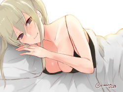 Rule 34 | 10s, 1girl, alternate costume, blanket, blonde hair, blush, breasts, camisole, cleavage, closed mouth, collarbone, eyebrows, graf zeppelin (kancolle), grey eyes, hair between eyes, kantai collection, large breasts, long hair, looking at viewer, lying, on side, pillow, sakiryo kanna, smile, solo, twitter username, white background