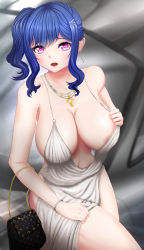 Rule 34 | 1girl, absurdres, areola slip, azur lane, backless dress, backless outfit, bag, bare shoulders, blue hair, bracelet, breasts, car, cleavage, clothes pull, dress, dress pull, earrings, evening gown, grey dress, hair ornament, hairclip, halter dress, halterneck, handbag, highres, jewelry, large breasts, looking at viewer, motor vehicle, necklace, open mouth, perdia, pink eyes, plunging neckline, revealing clothes, side ponytail, sidelocks, silver dress, sitting, st. louis (azur lane), st. louis (luxurious wheels) (azur lane), thighs