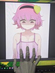 Rule 34 | 1girl, absurdres, black hairband, breast conscious, camisole, closed mouth, collarbone, commentary request, doll joints, empty eyes, flat chest, fourth wall, gomeifuku, hair ornament, hairband, heart, heart hair ornament, highres, joints, komeiji satori, looking down, mechanical hands, medium bangs, pink camisole, pink hair, shaded face, short hair, single mechanical hand, solo, through medium, through screen, touhou, upper body