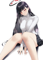 Rule 34 | 1girl, bare legs, black hair, black skirt, blue archive, blueorca, breasts, commentary, crossed arms, feet out of frame, hair ornament, halo, highres, knees together feet apart, knees up, large breasts, long hair, long sleeves, looking at viewer, red eyes, rio (blue archive), shirt, simple background, sitting, skirt, solo, taut clothes, taut shirt, very long hair, white background, white shirt