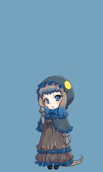 Rule 34 | 10s, 1girl, :o, adapted costume, aged down, animal hat, bad id, bad twitter id, belt, black belt, black capelet, black dress, black hat, blue background, blue eyes, blue hair, blue ribbon, blush, bonnet, brown hair, capelet, child, dress, eyelashes, frilled capelet, frilled dress, frilled hat, frilled sleeves, frills, fukai (yas lions), full body, gothic lolita, gradient hair, hand in own hair, hat, hatching (texture), kemono friends, komodo dragon (kemono friends), komodo dragon tail, lolita fashion, long dress, long sleeves, looking at viewer, medium hair, multicolored hair, neck ribbon, open mouth, pink lips, ribbon, simple background, solo, standing, striped tail, tail, tsurime, two-tone hair