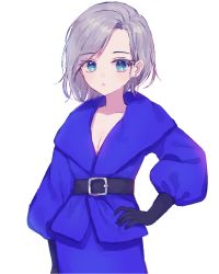 Rule 34 | 1girl, :o, asymmetrical bangs, bad id, bad pixiv id, belt, belt buckle, black belt, black gloves, blue eyes, blue jacket, blue skirt, blush, buckle, collarbone, copyright request, earrings, gloves, grey hair, hand on own hip, highres, jacket, jewelry, long sleeves, looking at viewer, parted lips, poyo (shwjdddms249), puffy long sleeves, puffy sleeves, simple background, skirt, solo, transparent background, white background