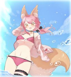 Rule 34 | 1girl, beach, bikini, blue sky, breasts, day, dutch angle, fate/extra, fate (series), hood, hoodie, looking at viewer, looking down, off shoulder, open mouth, pink bikini, pink hair, scrunchie, sky, solo, standing, stomach, summer, swimsuit, tamamo (fate), tsukimi okayu, yellow eyes