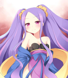 Rule 34 | 1girl, absurdres, bare shoulders, blush, breasts, cleavage, dress, fate/grand order, fate (series), frills, hair ornament, half-closed eyes, highres, long hair, purple eyes, purple hair, smile, solo, twintails, two side up, very long hair, wu zetian (fate), wu zetian (first ascension) (fate)