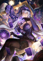 Rule 34 | 1girl, bare shoulders, black gloves, black swan (honkai: star rail), breasts, brown eyes, card, commentary, dress, elbow gloves, feet out of frame, gloves, grey hair, grin, highres, holding, holding card, honkai: star rail, honkai (series), large breasts, long hair, looking at viewer, miothle, pantyhose, parted lips, purple dress, sitting, sleeveless, sleeveless dress, smile, solo, veil, very long hair
