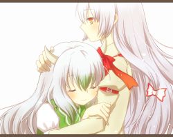 Rule 34 | 2girls, holding another&#039;s arm, armband, bad id, bad pixiv id, bow, ex-keine, closed eyes, fujiwara no mokou, hair bow, hand on another&#039;s head, holding own arm, horn ornament, horn ribbon, horns, kamishirasawa keine, leaning on person, letterboxed, long hair, long sleeves, multicolored hair, multiple girls, no mouth, onaga, profile, puffy short sleeves, puffy sleeves, red eyes, ribbon, short sleeves, silver hair, smile, tears, touhou, very long hair, white background