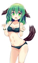 Rule 34 | 1girl, :o, animal ears, bikini, black bikini, blush, bracelet, breasts, closed eyes, collarbone, contrapposto, cowboy shot, dog ears, dog tail, eyebrows, floppy ears, green eyes, green hair, highres, jewelry, kasodani kyouko, looking at viewer, matching hair/eyes, maturiuta sorato, navel, open mouth, pearl bracelet, shiny skin, short hair, simple background, small breasts, solo, standing, stomach, swimsuit, tail, tareme, thick eyebrows, thigh gap, touhou, white background