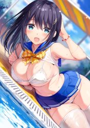 Rule 34 | 1girl, :o, arm up, armpits, bare arms, bare shoulders, bikini, black hair, blue eyes, blue skirt, blurry, bow, bowtie, bracelet, breasts, cleavage, crop top, day, depth of field, dutch angle, groin, highres, jewelry, large breasts, long hair, looking at viewer, lying, microskirt, navel, on side, open mouth, original, oryo (oryo04), outdoors, pleated skirt, poolside, revealing clothes, sailor collar, school uniform, serafuku, shirt, skirt, sleeveless, sleeveless shirt, solo, stomach, string bikini, swimsuit, thigh gap, thighhighs, water, wet, white bikini, white shirt, white thighhighs