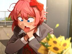 Rule 34 | 1girl, blue eyes, bow, commentary, doki doki literature club, flower, grey jacket, highres, jacket, khyle., long sleeves, open mouth, pink hair, railing, red bow, sayori (doki doki literature club), short hair, solo, tongue, tongue out, upper body, yellow flower