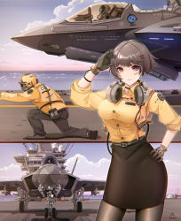 Rule 34 | 1boy, 1girl, absurdres, aircraft, airplane, brown eyes, brown hair, dress, f-35, f-35 lightning ii, fighter jet, gloves, headphones, headphones around neck, highres, impossible clothes, jet, military, military vehicle, multiple views, original, pantyhose, pencil dress, pencil skirt, pilot suit, salute, senjouhara nira, shirt tucked in, short hair, skirt