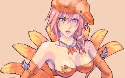 Rule 34 | 1girl, blue eyes, breasts, chocolina, chocolina (cosplay), cleavage, cosplay, feathers, final fantasy, final fantasy xiii, final fantasy xiii-2, lightning farron, pink hair, solo, suzumaru (abyss iris)