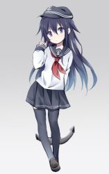 Rule 34 | 10s, 1girl, akatsuki (kancolle), anchor, black pantyhose, black thighhighs, gradient background, hat, ica, jpeg artifacts, kantai collection, long hair, long sleeves, looking at viewer, neckerchief, open mouth, pantyhose, personification, pleated skirt, purple eyes, purple hair, red neckerchief, school uniform, serafuku, skirt, solo, thighhighs